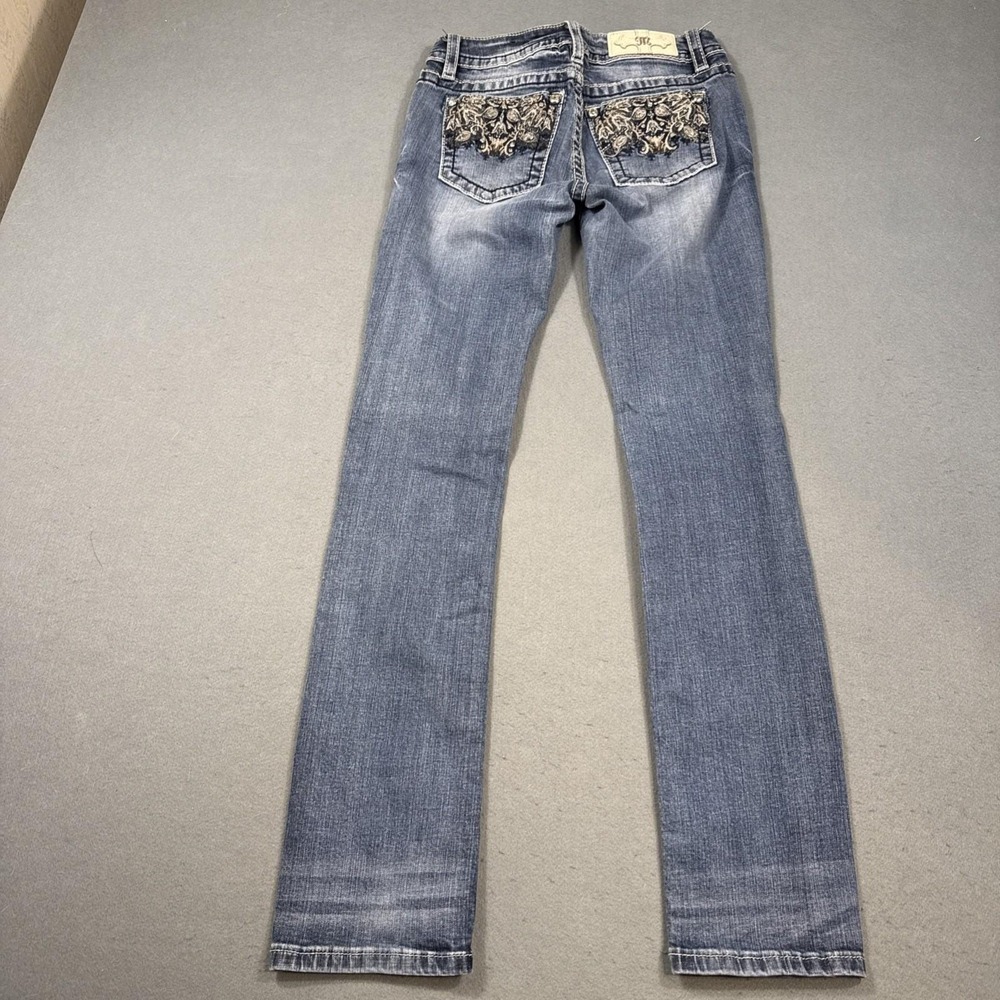 Miss Me straight jEANS wOMEN 26 rHINESTONES embellished  tHICK sTITCH wHISKERING - Picture 2 of 11
